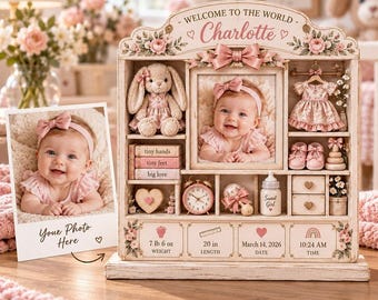 Bloque de madera personalizado con las estadísticas de nacimiento del bebé, recuerdo fotográfico personalizado para recién nacidos, decoración de bienvenida al mundo, letrero de arte de madera para la habitación del bebé (2026)