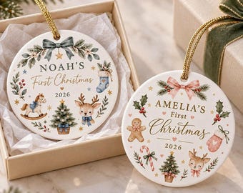 Adorno de cerámica personalizado para la primera Navidad del bebé, recuerdo personalizado de ciervo recién nacido, linda bola para árbol de Navidad 2026, regalo de decoración para la habitación del bebé