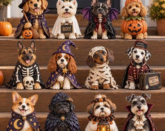 Bloque de mesa de Halloween con forma de perro, figura de madera de cachorro espeluznante, decoración de mascotas con bruja, fantasma y calabaza, regalo de mesa de otoño para amantes de los perros.