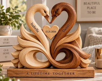 Custom Swan Couple Wooden Block, Faux Carved Wood Anniversary Gift, Personalized Romantic Wedding Keepsake, Infinity Love Birds Decor