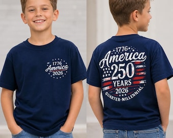 America 250 Years Kids Shirt, 1776 2026 USA Flag Tee, Patriotic Boys T-Shirt, Double Sided Red Top, 4th Of July Youth Shirt, USA Boy