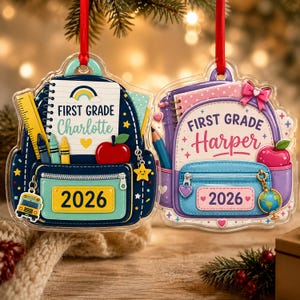 Custom Backpack Acrylic Ornament, Personalized Back to School Bauble, First Grade Student Keepsake, 2026 Kids Tree Decor