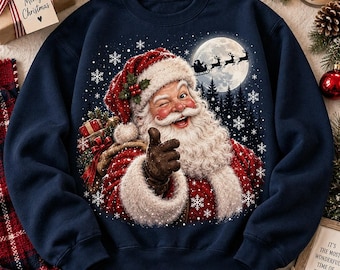 Sudadera vintage con Papá Noel guiñando un ojo, sudadera retro con capucha de cielo nocturno navideño, jersey navideño acogedor, top de invierno para mujer con estampado de trineo mágico y luna.