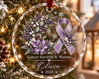 Custom Glass Purple Ribbon Ornament, Cancer Survivor Warrior Keepsake, Personalized Floral Tree Decor, 2026 Milestone Healing Bauble