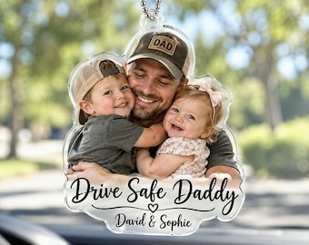 Adorno personalizado para coche con foto, dije para espejo retrovisor "Conduce con cuidado, papá", regalo personalizado para el Día del Padre, decoración para el espejo retrovisor del coche del marido, regalo para papá