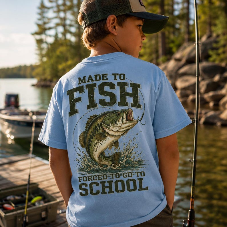 Funny Fishing Shirt, Boys Back To School, Youth Bass Fishing Tee, Made To Fish Top, Kids Outdoor Apparel, Boy Fisherman Gift Tee afbeelding 2