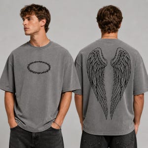 Crown of Thorns Angel Wings Shirt, Christian Streetwear Tee, Acid Wash Faith Apparel, Front Back Print Jesus Top, Grunge Christian