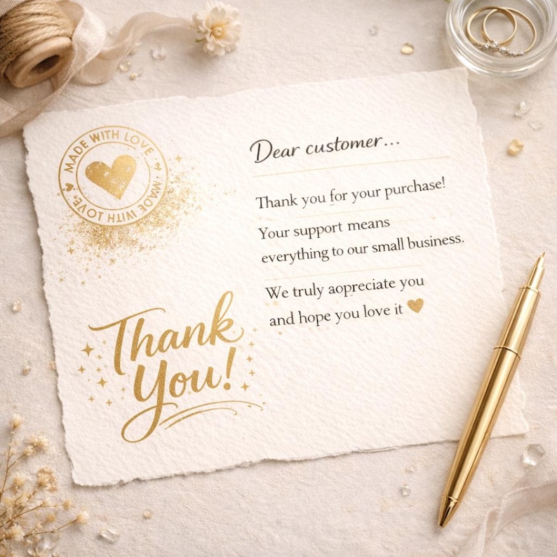 May include: A thank you card with gold foil lettering and accents. The card reads "Thank You!" and "Dear customer... Thank you for your purchase!" A gold pen and a small dish with rings are also visible.