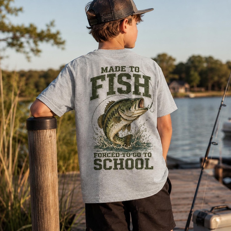 Funny Fishing Shirt, Boys Back To School, Youth Bass Fishing Tee, Made To Fish Top, Kids Outdoor Apparel, Boy Fisherman Gift Tee afbeelding 3