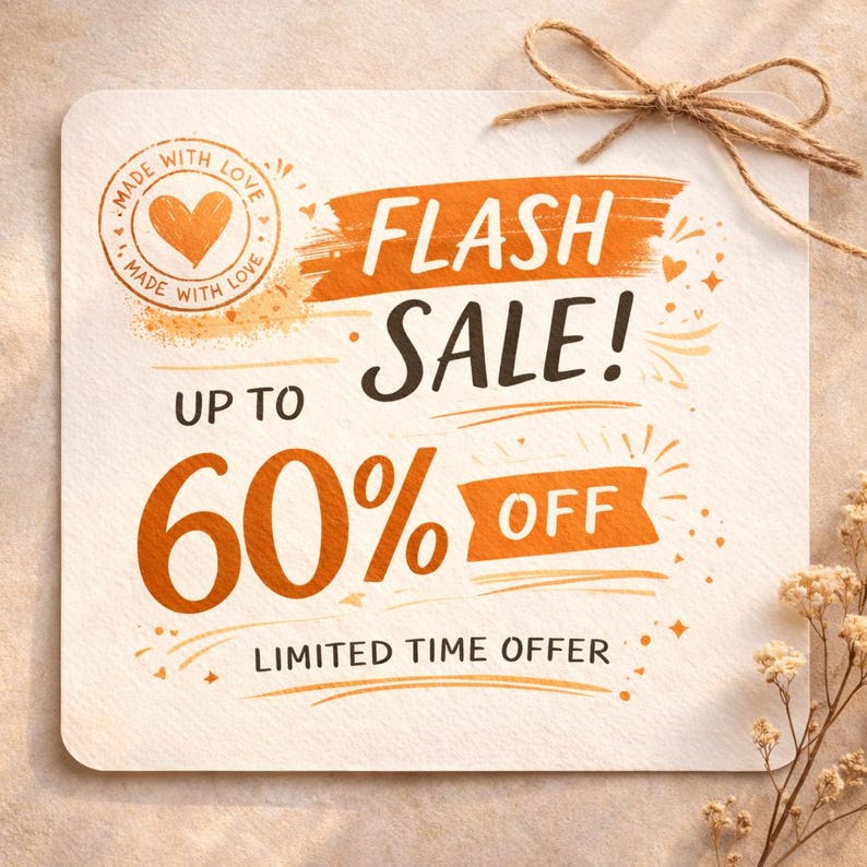 May include: A square, off-white card with the words "FLASH SALE!" in orange and black. It advertises up to 60% off with the text "LIMITED TIME OFFER." A stamp with a heart and the words "MADE WITH LOVE" is in the upper left corner. A twine bow is at the top.