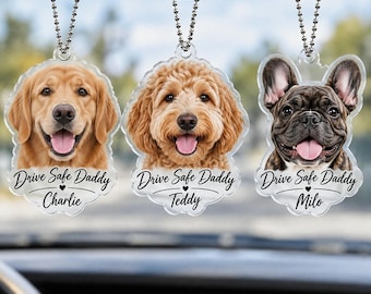 Adorno personalizado para coche con forma de mascota, dije personalizado para espejo retrovisor con foto de perro, recuerdo "Conduce con cuidado, papá", regalo para amantes de los perros, accesorios para coche