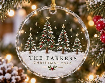 Custom Pine Tree Christmas Glass Ornament, Personalized Family Name Keepsake, Elegant Crystal Edge Decor, 2026 Winter Snow Holiday Bauble