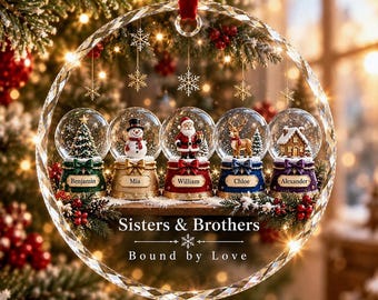 Custom Glass Snow Globe Family Ornament, Personalized Siblings Christmas Keepsake, 2026 Holiday Tree Decor, Crystal Edge Winter Bauble