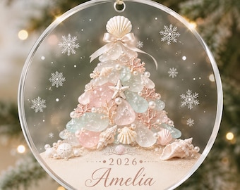 Adorno navideño acrílico personalizado Coquette para árbol de Navidad, bola navideña personalizada con temática costera marina, recuerdo playero 3D simulado, decoración navideña oceánica