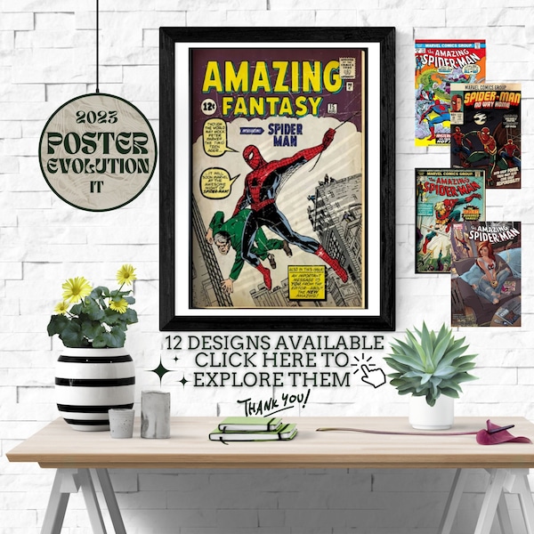 Poster Amazing Fantasy 15 (1962)Zeitung, Prima apparizione Spider-M. Stempel auf natürlichem Hintergrund • Silver Age of Comics