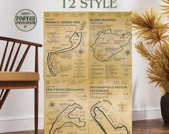 Poster aged F1 circuit track vintage map retrò, nascar , best gift father, memorabilia, year poster, gp champion ship, motorsport, canvas.