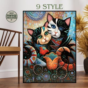 Poster gustav klimt gatti colorati singolo in coppia Art Cat  on waterproof natural Cotton canvas Poster wall art riproduzione gustav klimt