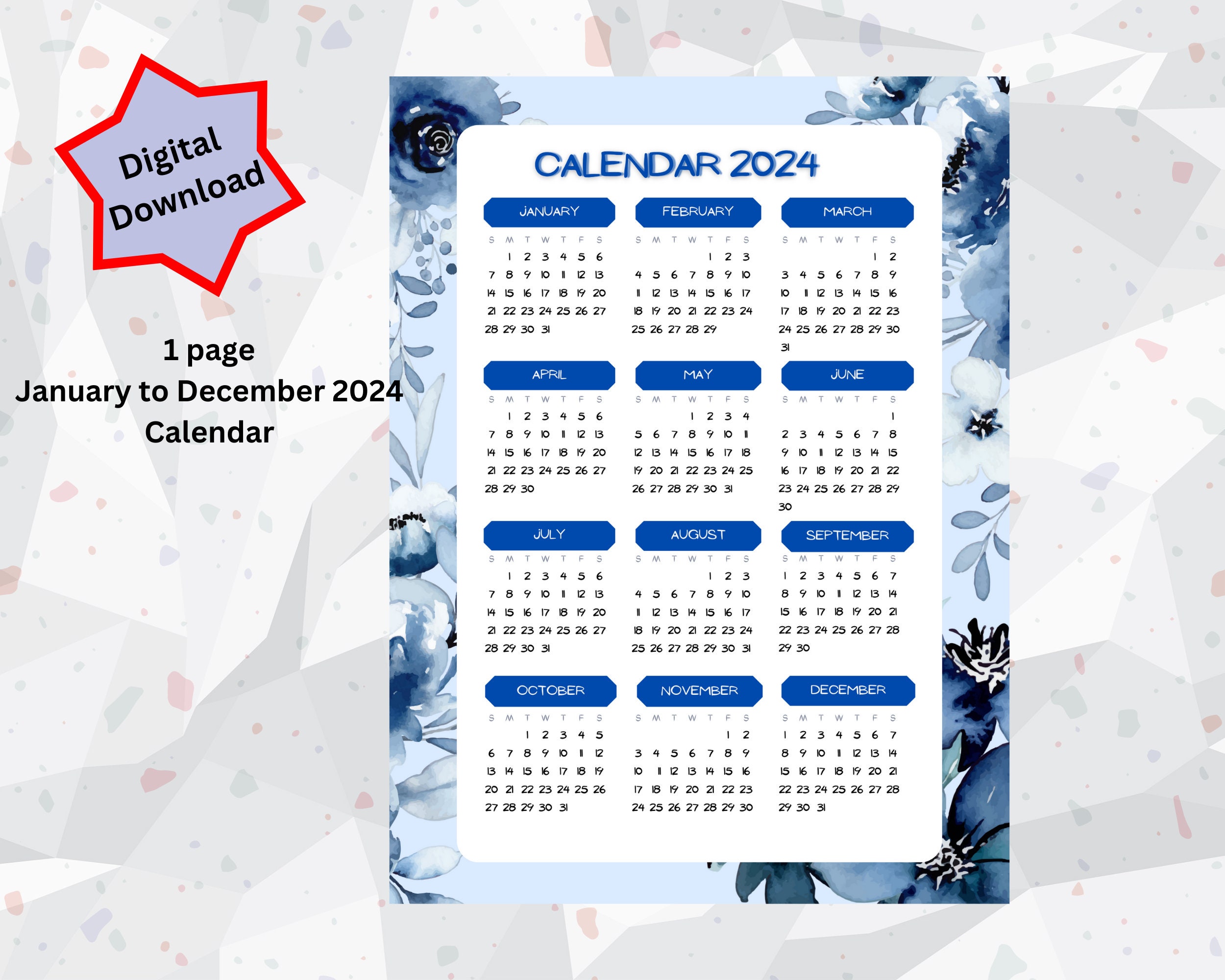 2024 Blue Themed Rose Calendar 2024 Blue Rose Calendar 2024 Etsy