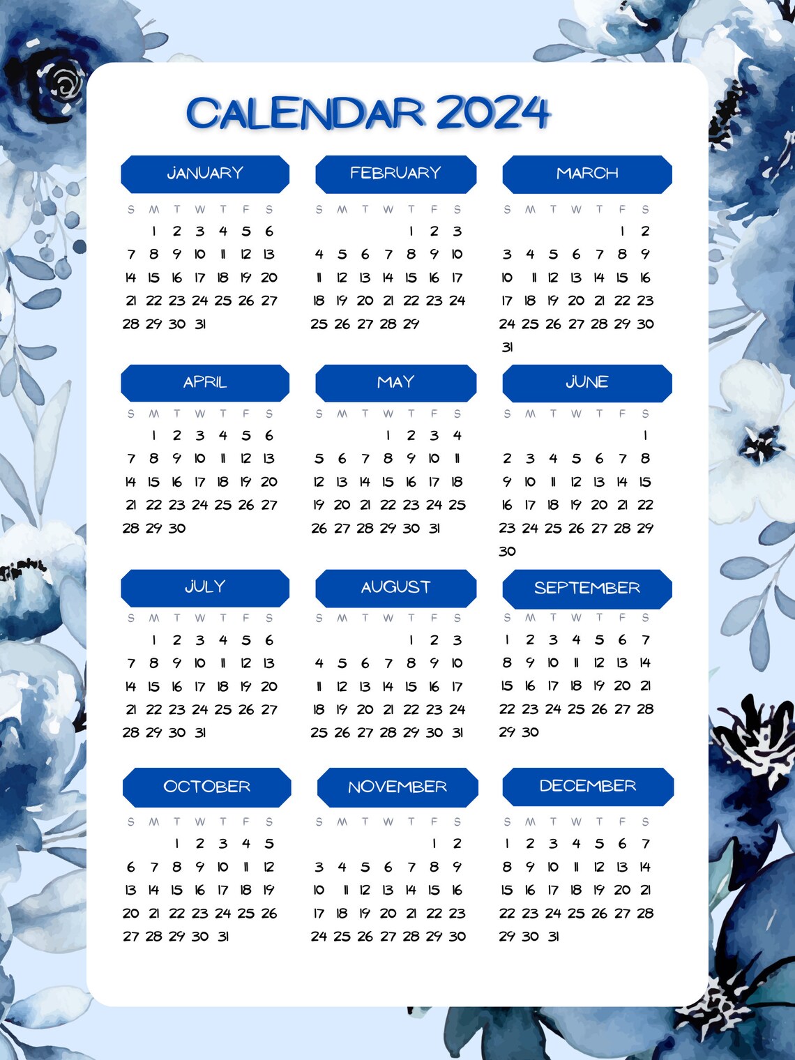 2024 Blue Themed Rose Calendar 2024 Blue Rose Calendar 2024 Etsy