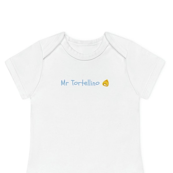 Baby and child bodysuit with "Mr tortellino" print on the front, short sleeves, organic cotton.