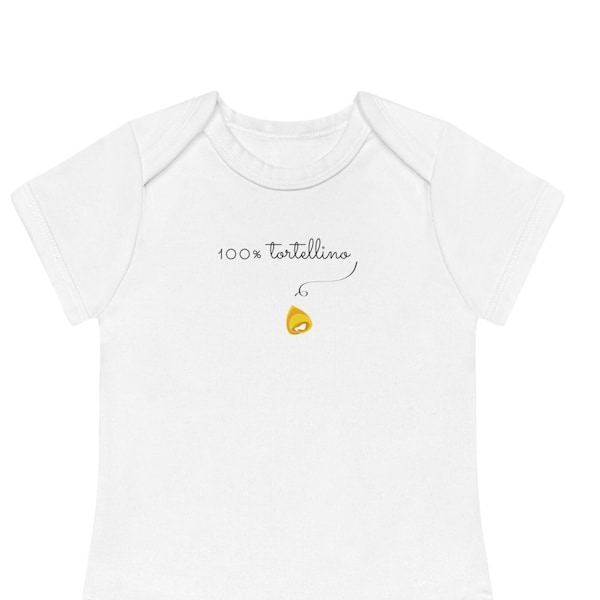 Baby bodysuit in organic cotton "100% tortellino" printed on the front with short sleeves. Gift for birth, baptism, Italian food lovers