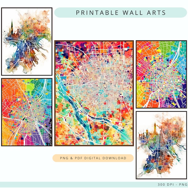 Watercolor Style Map Wall Art 5 Piece Wall Art Map Poster, New York City Map Download, Instant Download PNG Digital Map, DPIWA10