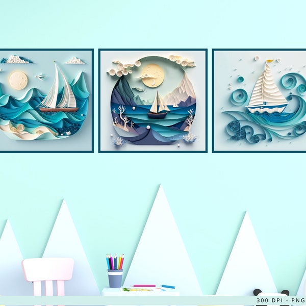 Blue Jolly Sailboat Quilling Art 3 Piece Wall Art, Nursery Paper Quilling Art, Téléchargement instantané PNG Ocean Nursery Decor Boy, DPINWA25