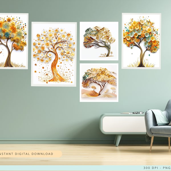 African Acacia Trees Quilling Art Gallery Wall Art Printable Set of 5, Aesthetic Room Decor Mid Century Modern Minimalist Wall Art, DPIWA02