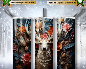 Reindeer png Flowers Christmas Tumbler Wrap, 20 oz tumbler wrap christmas wrap png, 3d tumbler wrap sublimation designs, deer wrap