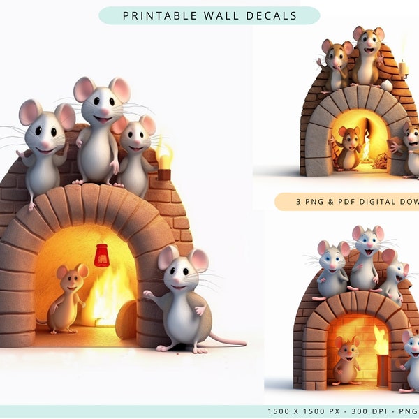 Fireplace Evening for Mouse Cute Stickers, Instant Digital Download PNG Mouse Hole Sticker Childrens Wall Decal and Stickers, DPIWD11