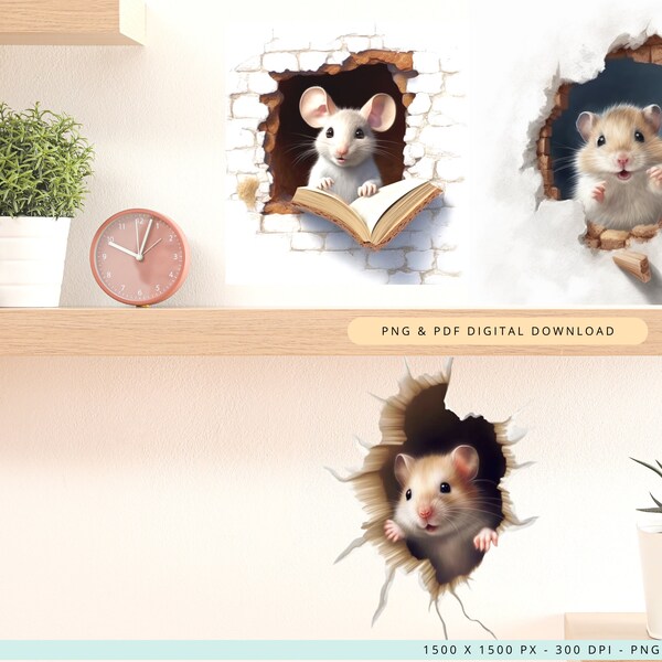 Decalques de parede do livro de leitura 3 peças mouse mouse stecker parede arte, download instantâneo de png mouse hole sticker berçário parede deccal, dpiwd14
