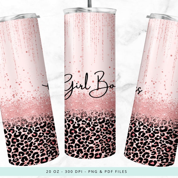 Girl Boss Pink Glitter Tumbler Wrap, 20 oz Tumbler Wrap Sublimation Designs PNG Instant Download, Leopard Tumbler Wrap, DPITW0268