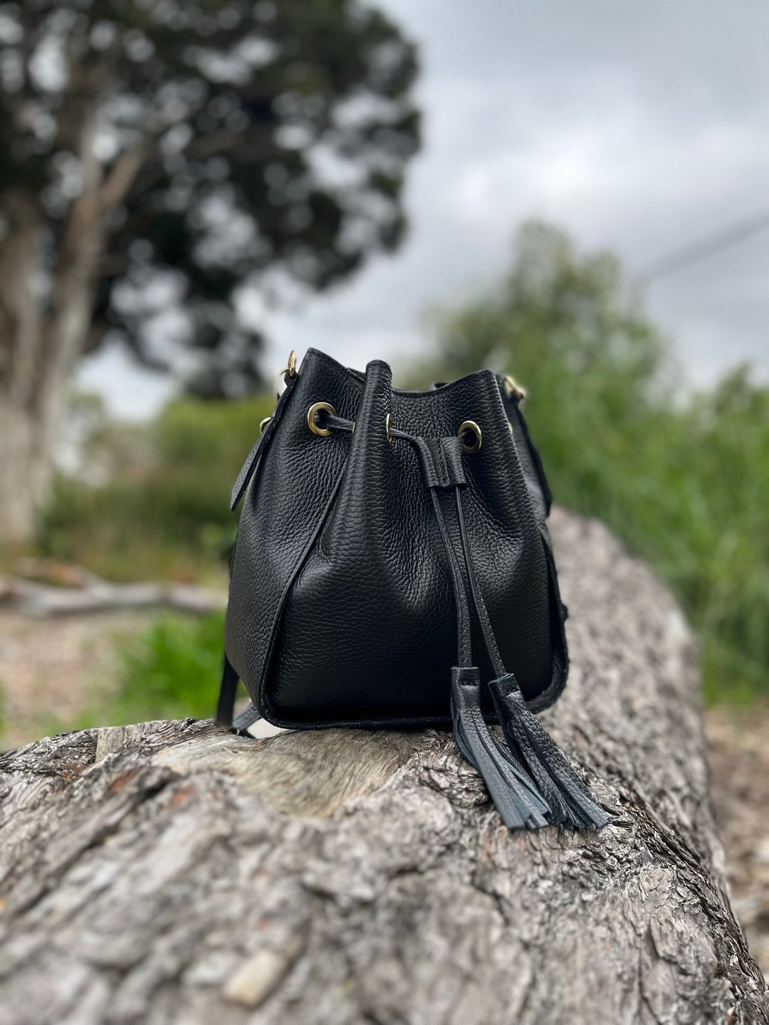 Elegant Italian Leather Bucket Bag black Etsy