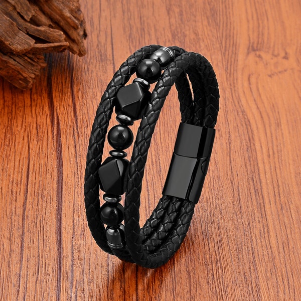 Bracelets géométriques en acier inoxydable de personnalité avec détails en cuir tissé noir, bracelets pour hommes et femmes