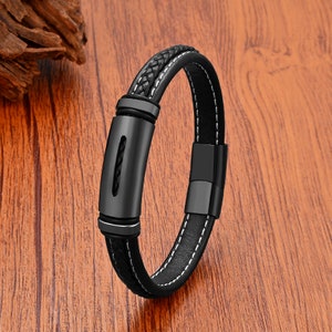 Persoonlijkheid geometrische roestvrijstalen armbanden met zwart geweven lederen details, armbanden voor mannen en vrouwen