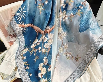 Japanese Plum Blossom Pattern Silk Scarf Duo Color Print Blue and Beige Silk Shawl Gift for Ladies Oriental Charm Gift for Friends