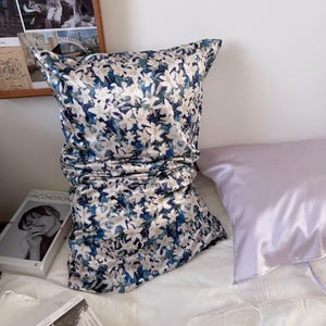 100% Silk Pillowcase Blue & WhiteOriental Lily for Luxury Silk Bedding Luxury Gift for Housewarming Gift for Wife Birthday Gift for her