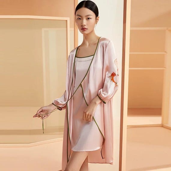Mulberry Silk Embroidered Robe: Chinese Kimono Loungewear