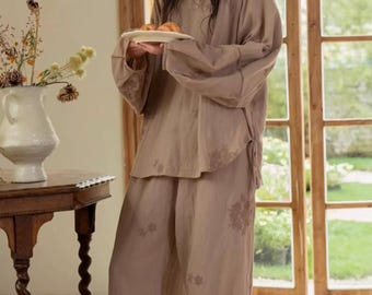 Premium Bamboo Cotton Loungewear Set - Casual Outfit for Indoor Relaxation and Outdoor Wear, Eco-Friendly Botanical Embroidered Pyjamas