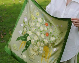 Foulard en soie à fleurs de camilla rouge et vert vif Foulard floral élégant - Accessoire polyvalent pour femme - Cadeau parfait pour toute occasion