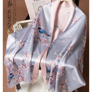 Reversible Mulberry Silk Scarf with Qipao Buttons – Double-Sided 6A Silk Wrap | Floral Bird Design Oriental Silk Shawl Hanfu Accessories