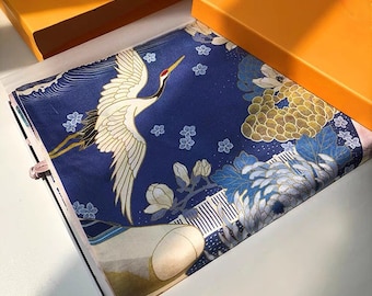 Mother's Day Gift/Handcraft Chinese Crane Silk Scarf/Unique Scarf Cheongsam Buttons/Oriental Charm Mulberry Silk/Silk Cover/Blue Scarf 175cm