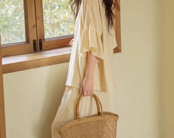 Butter Yellow Bamboo Cotton Lounge Set for Women – Ruffle Sleeve Pyjamas Casual Summer Outfit Minimalist Soft Loungewear Zen Set