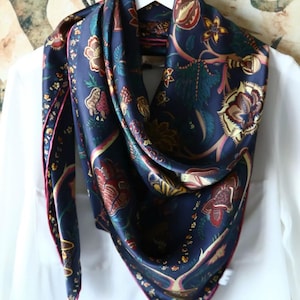 Ottoman Style Blue Silk Scarf 100% Mulberry Silk 106cm Square Hijab Shawl Head Wrap Women Islamic Elegant Gift Ramadan Eid Modest Fashion