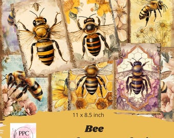 Vintage bee junk journal kit, Bee junk journal, junk journal supplies, Digital download, printable journal