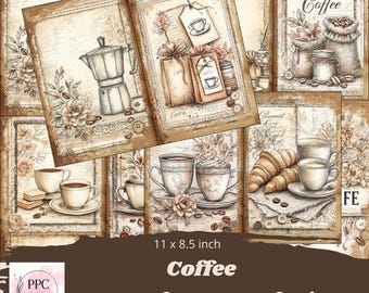 Vintage Coffee junk journal kit, journal supplies, Digital download, scapbooking paper