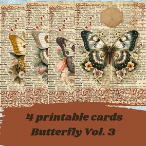 Vintage butterfly junk journal cards, printable cards, digital scrapbooking cards, digital journaling paper, junk journal pages