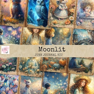 以下が含まれることがあります： Moonlit Junk Journal Kitは、猫、フクロウ、子供、ネズミ、カボチャ、村の風景などのイラストが描かれた印刷ページのコレクションで、中央のベージュの帯にMoonlit Junk Journal Kitというテキストが記載されたコラージュ形式で構成されています。