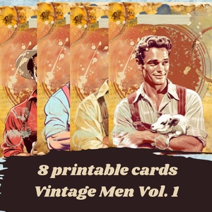 Tarjetas hombres vintage imprimibles, tarjetas digitales, suministros papel, papel digital, álbum de recortes, tarjetas diario basura