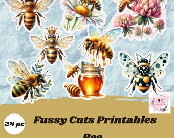 Bee fussy cuts printables, Bee die cuts for junk journal, scrapbooking, crad making, stickers, spring ephemera to print
